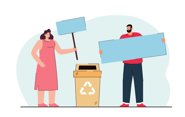 재활용을 지지하는 플래카드를 들고 있는 사람들. 쓰레기 분류에 항의하는 모형 배너를 들고 자원 봉사자. 환경 보호, 생태 문제 개념입니다. 평면 그림