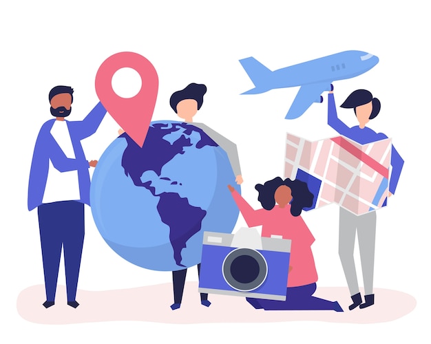 Free vector people holding travel related icons