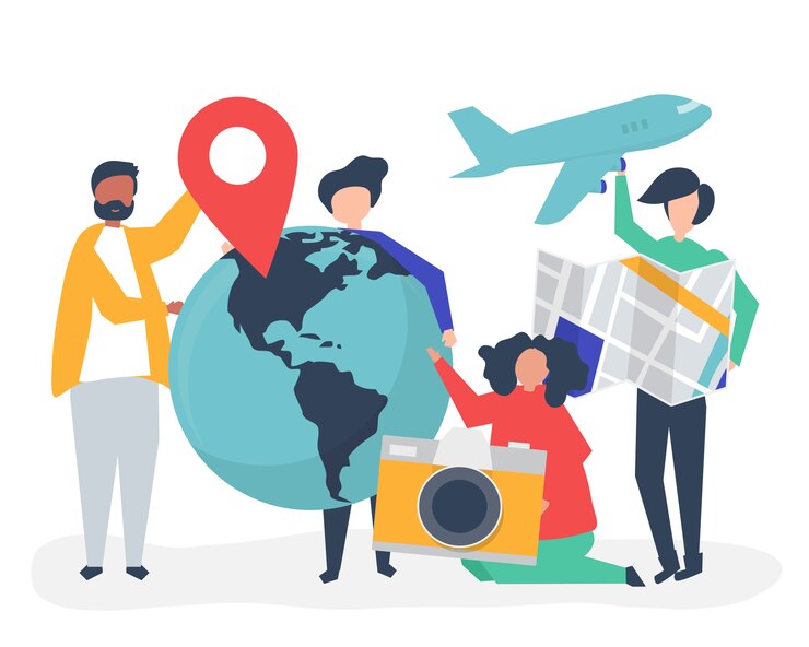 Free Vector people holding travel related icons
