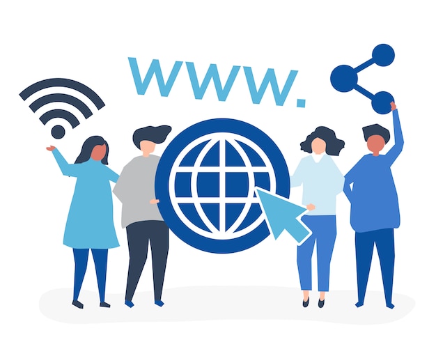 Vettore gratuito persone in possesso di icone del world wide web