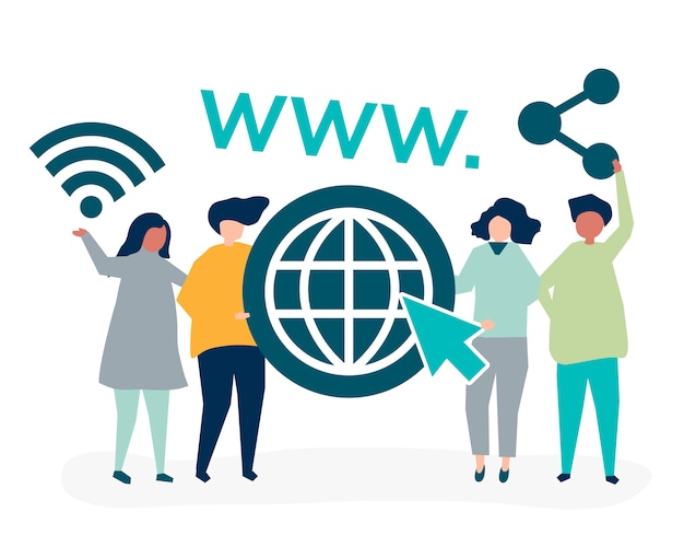 Vettore gratuito persone in possesso di icone di world wide web