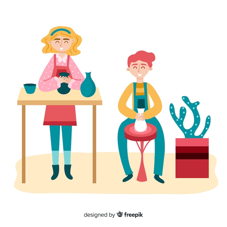 Free Vector people at home making pottery