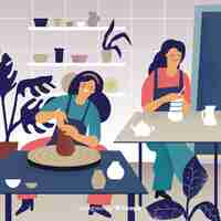 Free vector people at home making pottery