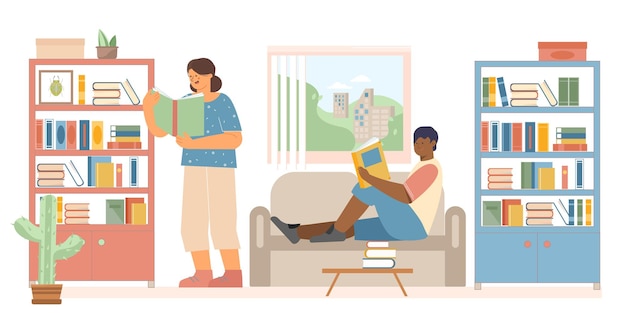 Free vector people at home reading books that are on the shelves