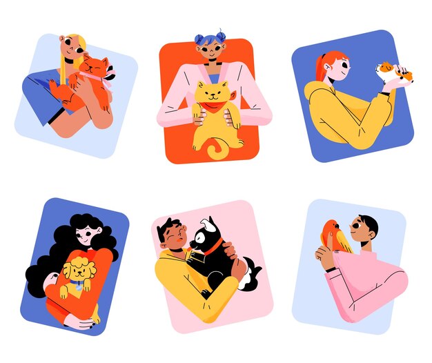 People hug pets square icons young men and women holding dog cat parrot or guinea pig on hands Human characters cuddle with home animals Love adoption avatars Linear flat vector illustration