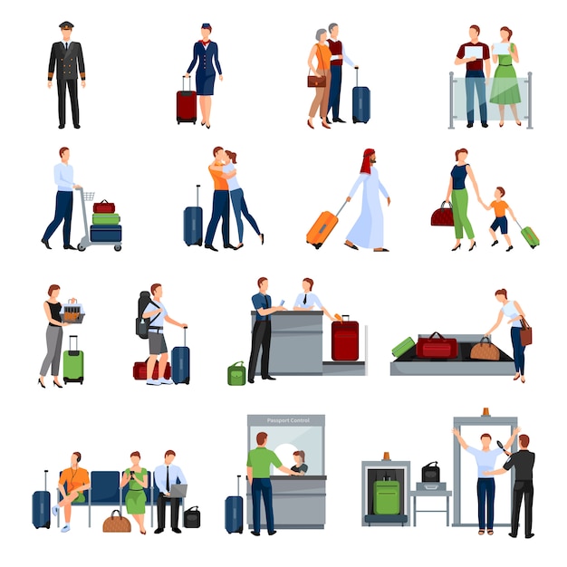 Бесплатное векторное изображение Люди в аэропорту набор плоских цветных иконок