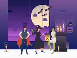 Бесплатное векторное изображение Люди в костюмах хэллоуина танцуют в темной комнате
