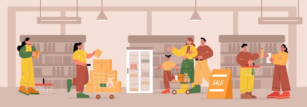 スーパーマーケットや食料品店の市場の人々は、カートを持った訪問者が棚に沿って歩き、食べ物を選びます。男性、女性、子供たちの顧客キャラクターショッピング、ショップで商品を購入、ラインアートフラットベクトルセット