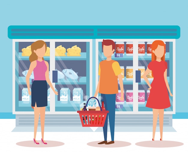 Бесплатное векторное изображение Люди в супермаркете холодильник с продуктами