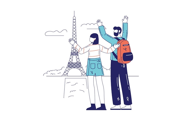 Люди в концепции путешествия в плоской линии дизайна для веб-баннера. пара туристов путешествует и осматривает достопримечательности парижа, отдыхает во франции, сцены современных людей. векторные иллюстрации в графическом стиле наброски