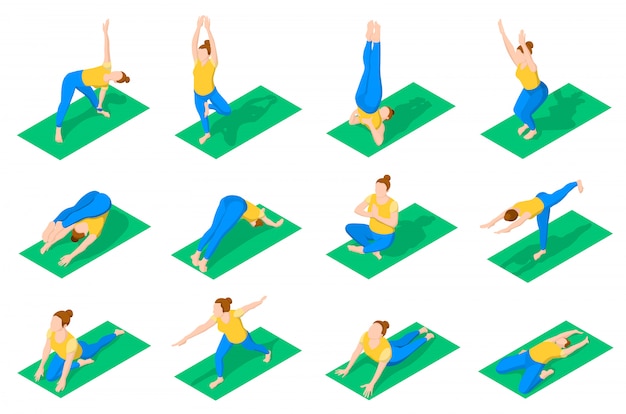 Бесплатное векторное изображение Люди в позе йоги изометрические иконы