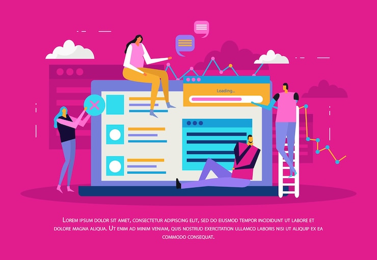 Free Vector people and interfaces flat composition with laptop computer screen windows and pictograms with human characters and text vector illustration