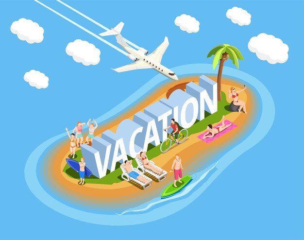 하늘에서 비행기와 파란색 해변 휴가 아이소 메트릭 구성 중 섬에 사람들