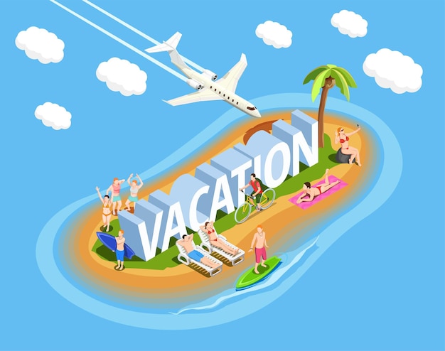 People on island during beach vacation isometric composition on blue  with plane in sky