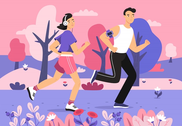 People jogging in park illustration of young man and woman running sport marathon