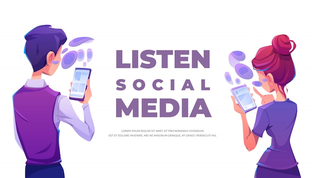 Free vector people listen social media using smartphone banner