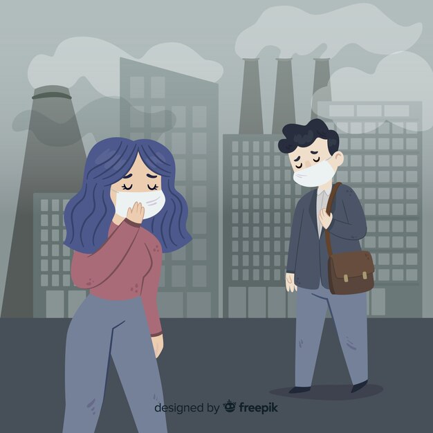 오염으로 가득 찬 도시에 사는 사람들