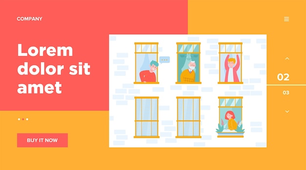 Бесплатное векторное изображение Люди, живущие в одном здании. квартира, окно, сосед. концепция образа жизни и соседства для дизайна веб-сайта или целевой веб-страницы
