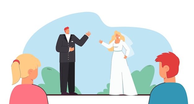Люди смотрят на пару, выходящую замуж. счастливая невеста и жених, протягивая руки друг другу плоские векторные иллюстрации. концепция свадебного торжества для баннера, веб-дизайна или целевой веб-страницы