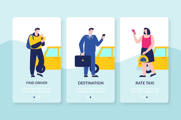 Free vector people looking for taxi onboarding app screens