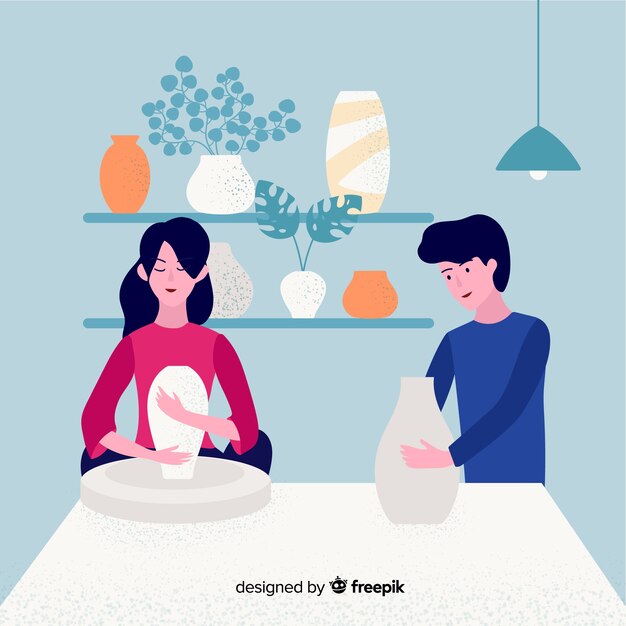 People making pottery flat design