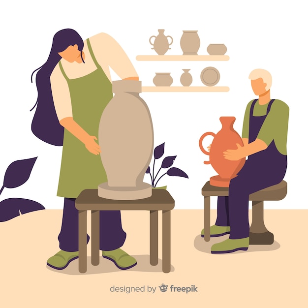 Free vector people making pottery flat design