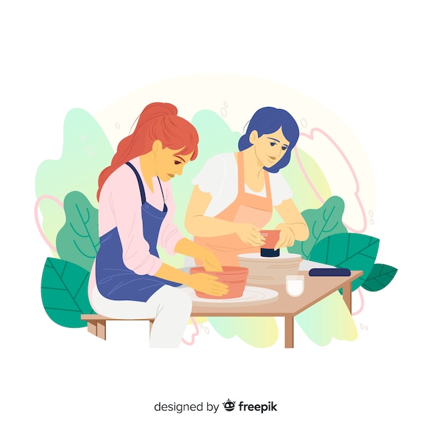 Free vector people making pottery flat design