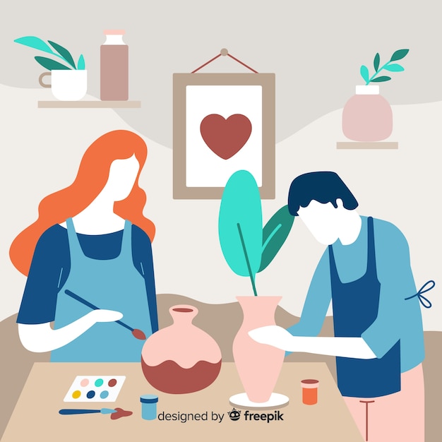 People making pottery flat design