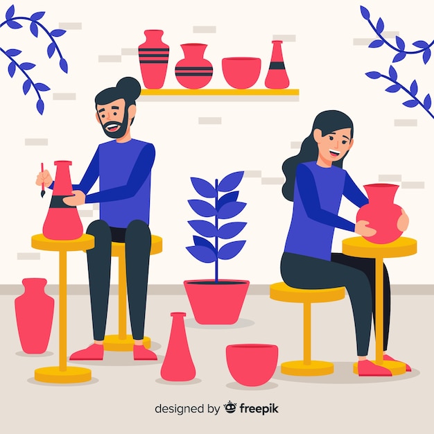 Free vector people making pottery flat design