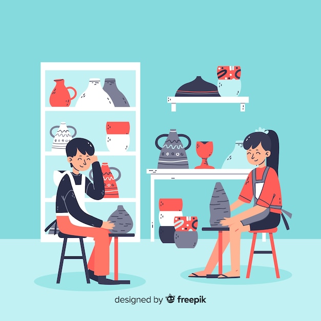 Free vector people making pottery flat design