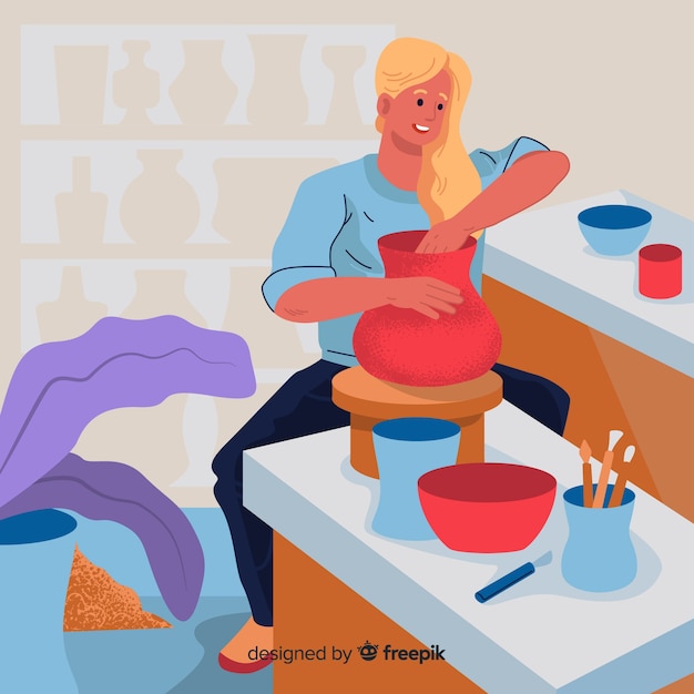 Free vector people making pottery flat design