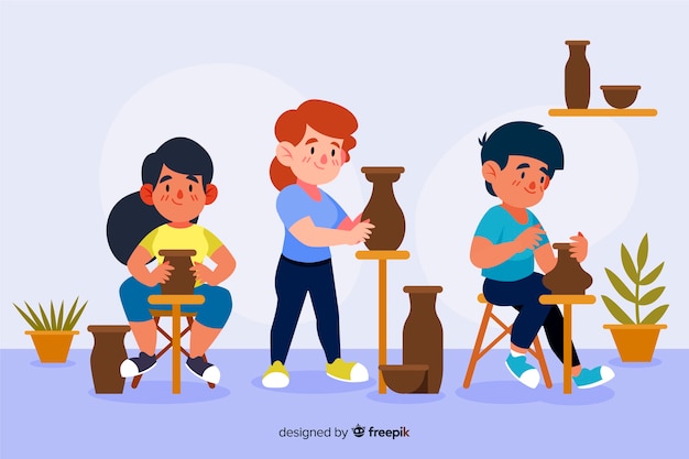 People Making Pottery Flat Design