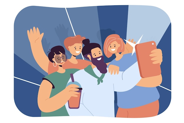 Free vector people making selfie at night club flat vector illustration. happy man and woman taking photo on phone during concert, having fun together and laughing. entertainment concept