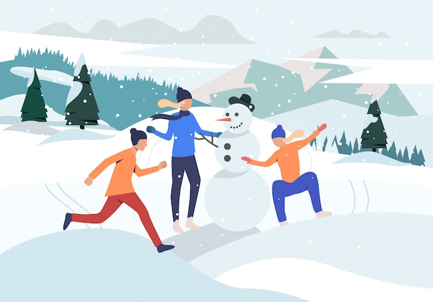 Free vector people making snowman webpage