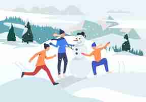 Free vector people making snowman webpage