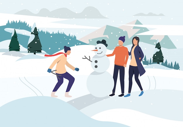 Free vector people making snowman