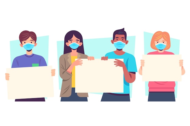 People in medical masks with placards illustrated