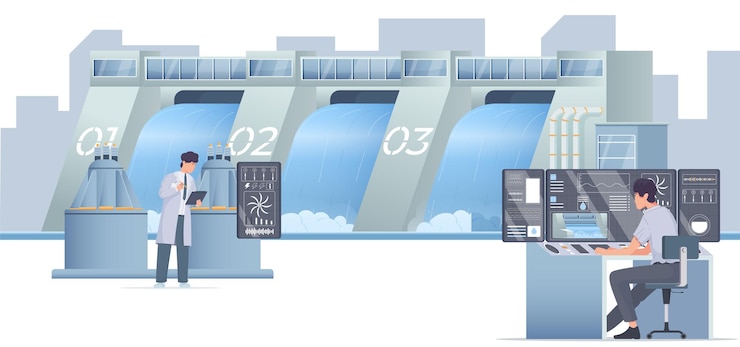 Free Vector people monitoring work of hydro power station with dam in background flat vector illustration