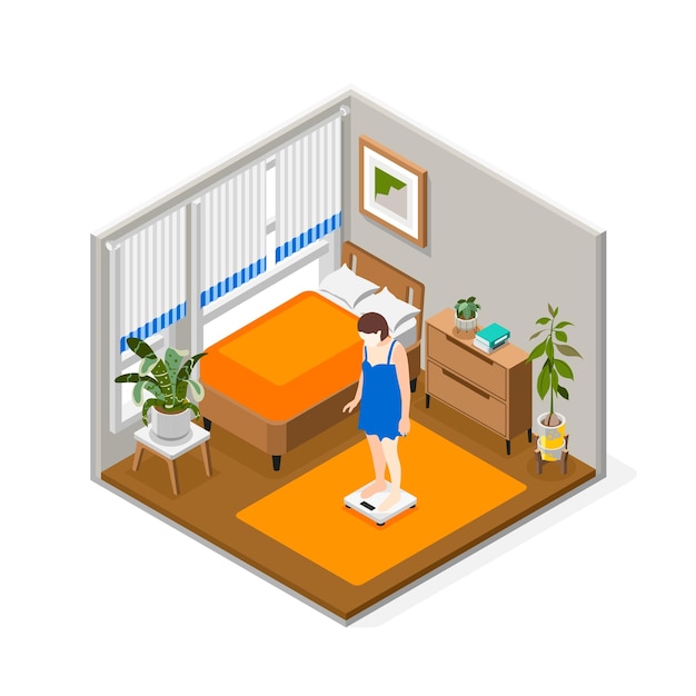 Free vector people morning routine isometric composition with woman weight herself in her room vector illustration