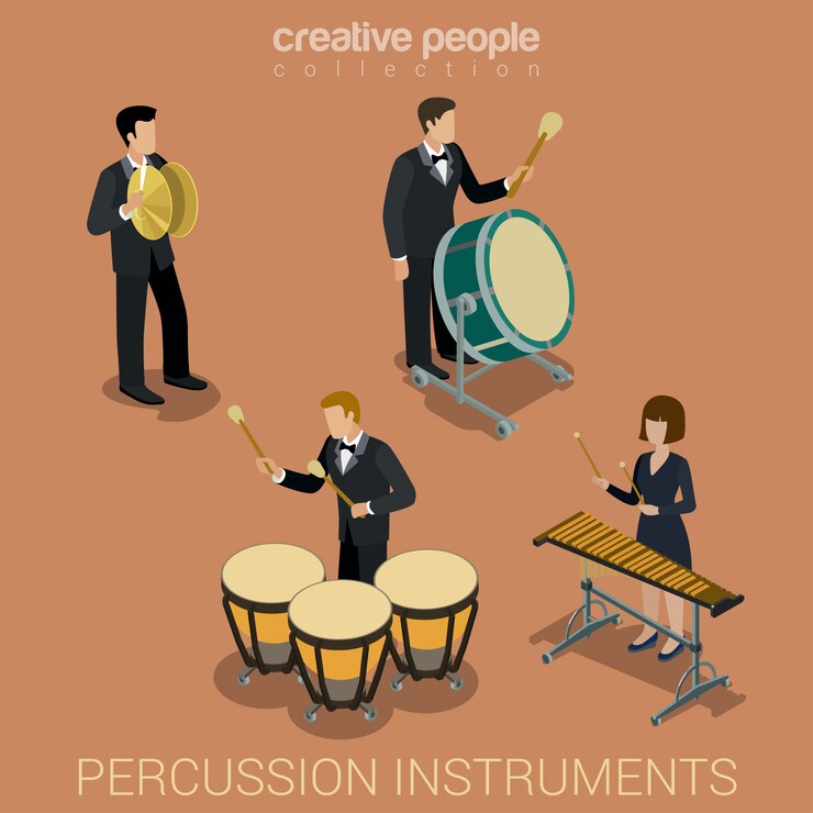 Free Vector people musicians playing on percussion musical instruments isometric vector illustrations set.