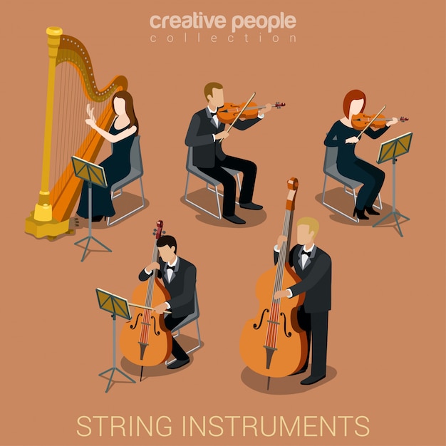 Musicisti della gente che giocano sulle illustrazioni isometriche di vettore degli strumenti musicali a corda messe.