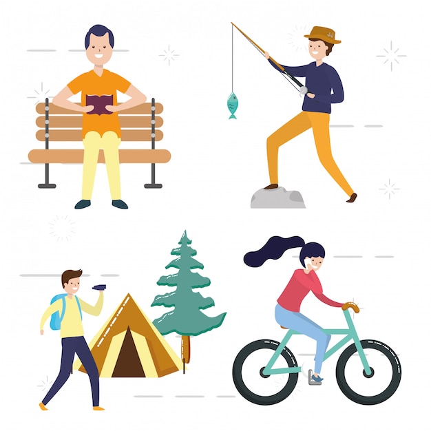 Free vector people my hobby people doing activities fishing, camping,  riding bike, reading, illustration