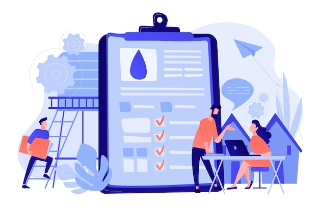 People near huge paper tablet with report of water flow and checkboxes analyzing data. Water management, ecology, IoT and smart city concept. Vector illustration