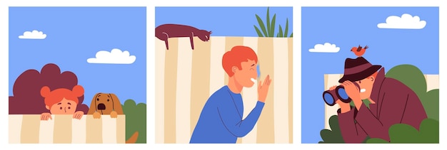 People observers hiding behind fence and peeping flat set isolated vector illustration