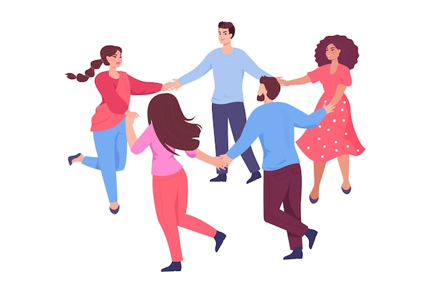 Бесплатное векторное изображение Люди разных национальностей держатся за руки в кругу. мультикультурные люди танцуют вместе плоские векторные иллюстрации. международное общение, концепция дружбы для баннера, веб-сайт de