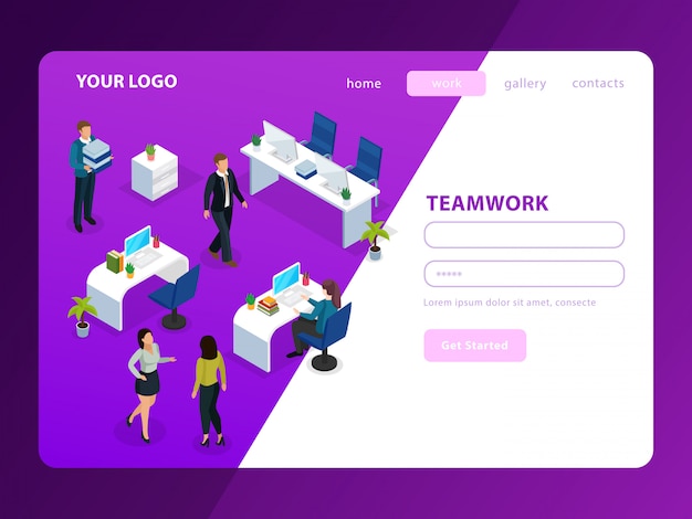 People in office during work isometric web page on purple white