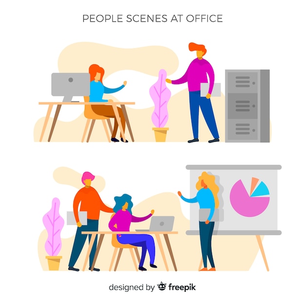 Free vector people at the office scenes set