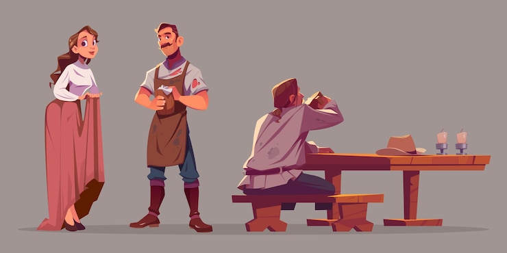 Free Vector people in old tavern, waitress, bartender, client