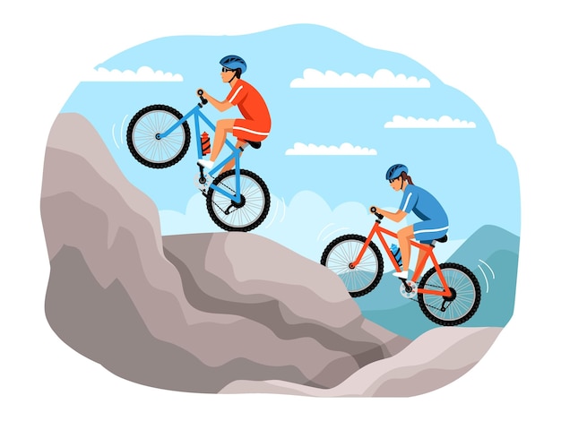 Бесплатное векторное изображение Люди на велосипедах, экстремальные спортивные приключения, мужчина и женщина, ездящие на велосипедах в горах, рискованный отдых на природе