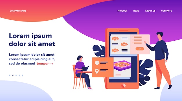 無料ベクター カフェやオンラインで食べ物を注文する人。モバイルアプリを使用して配達用のピザを選択する男。アプリケーション、レストランサービス、ファーストフードのコンセプトのベクトル図